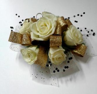 White Rose With Gold Ribbon and Black Pearls