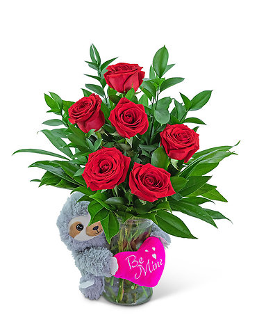 Be Mine Classic Six Red Roses with Sloth